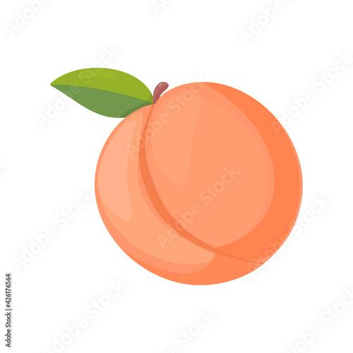 Peach fruit with leaf in a cartoon style, delicious juicy dessert icon. Yummy bright apricot isolated on white background. Vector illustration.