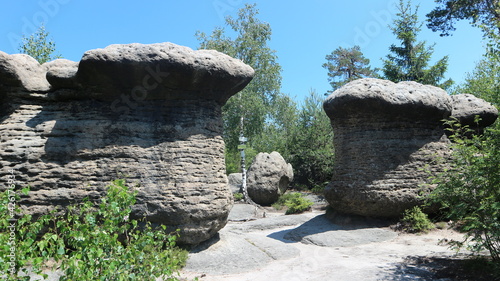 Large sandstones in the shape of two mushrooms near Broumov, Czech republic