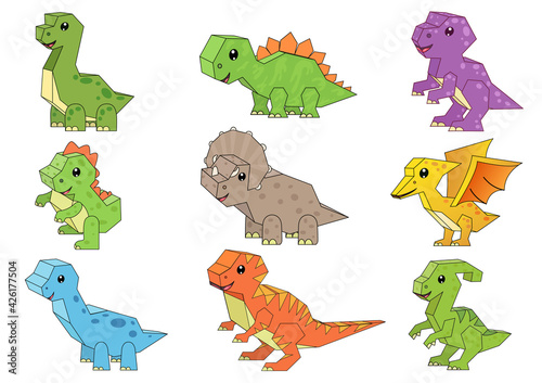 Set of cute 3d dinosaurs. Collection of cartoon funny animal character. Vector illustration.