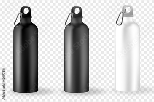 Plastic bottle glossy metal water bottle. Mockup set of plastic blank sport bottles realistic style. Front view. Vector 3d illustration.