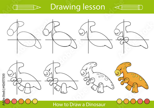 Drawing step by step. Lesson for kids. How to draw a dinosaur. Drawing tutorial. Children worksheet. Activity page for book. Vector illustration.