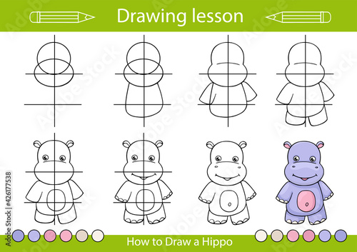 Drawing step by step. Lesson for kids. How to draw a cute hippo. Drawing tutorial. Children worksheet. Activity page for book. Vector illustration a hippopotamus.