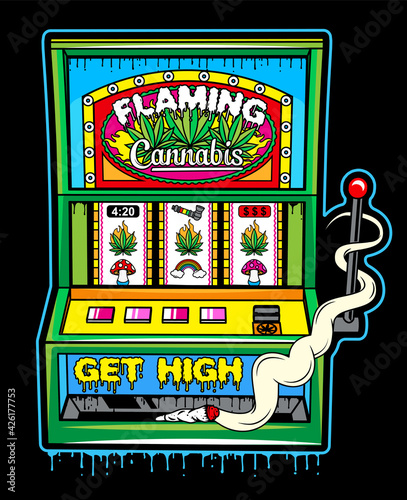 Cannabis Slot Machine. Abstract vector poster illustration.