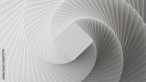 3d render, abstract white geometric background, minimal flat lay, twisted deck of square blank cards with rounded corners