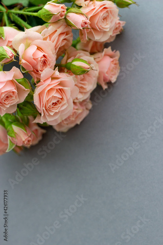 Bouquet of pink roses copy space with gray background