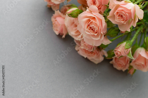 Bouquet of pink roses copy space with gray background