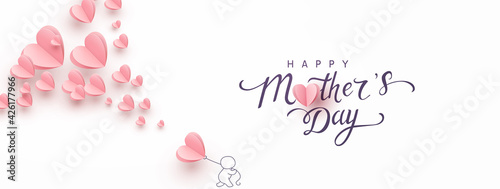 Mother postcard with paper flying elements  man and balloon on pink background. Vector symbols of love in shape of heart for Happy Mother s Day greeting card design