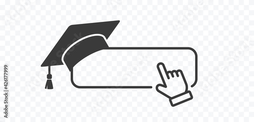 Click cursor icon with graduate college, high school or university cap isolated on transparent background. Vector black ceremony hat, educational student symbol, hand pointer and blank frame