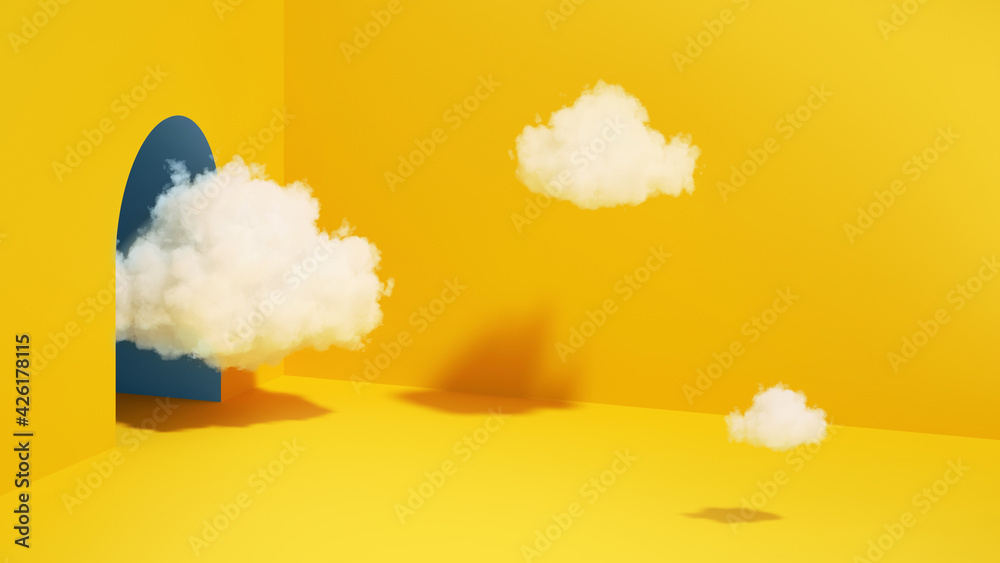 3d render, abstract minimal yellow background with white clouds flying out the tunnel - obrazy, fototapety, plakaty 