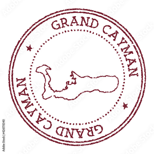 Grand Cayman round rubber stamp with island map. Vintage red passport stamp with circular text and stars, vector illustration.