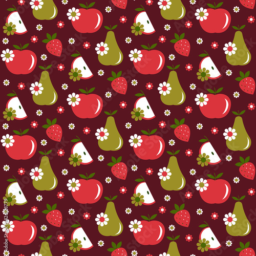 apple pear strawberry daisy retro seamless pattern on dark red background