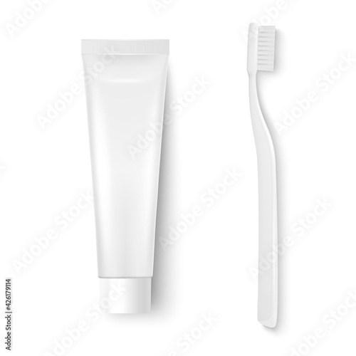 Vector 3d Realistic Plastic, Metal White Tooth Paste Tube and Tooth Brush Closeup Isolated on White Background. Design Template of Toothpaste and Toothbrush for Mockup. Top View