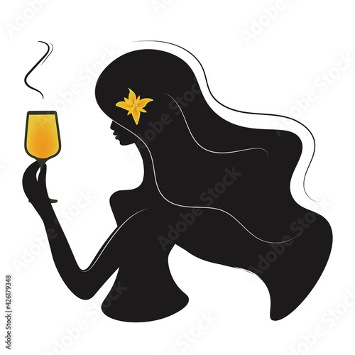 Dark silhouette of a girl drinking wine. Quality drinks promotion template. Silhouette of a woman with a glass and a lily in her hair. Cultural drinking of alcohol. Isolated vector design on white. photo