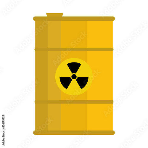 Vector yellow steel barrel of radioactive waste. Container in flat style with radiation icon.