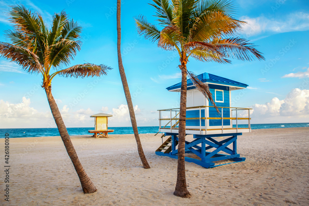 Beautiful tropical Florida landscape with palm trees and blue lifeguard house. Typical American beach ocean scenic view with lifeguard tower and exotic plants. Summer seasonal outdoor background.