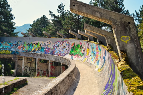 Принти на полотні Bobsleigh track in abandoned Olympic village in Sarajevo.