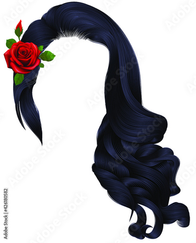 woman long curly hairs with flower.red rose . brunette black colors .
carmen style . beauty fashion . realistic 3d .
