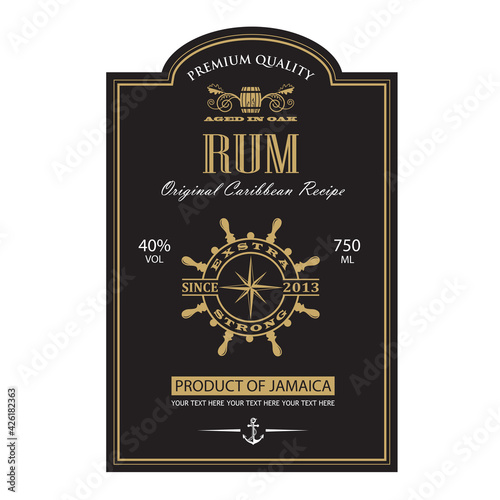 template black rum label with yacht helm and oak barrel in retro style