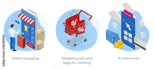 Isometric Online shopping app, suitable for promotion of digital stores, Shopping cart and bags for clothing