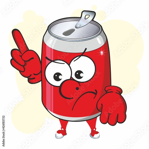 Aluminum can cartoon mascot. Image of funny red can of fizzy drink. Drink, soda, cola, beer.