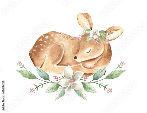 Fotografia Baby Deer sleeping  watercolor floral illustration