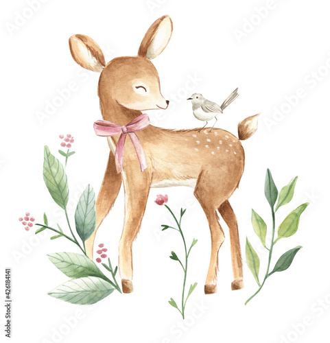 Photographie Baby Deer watercolor floral illustration