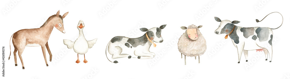 Watercolor animals Farm illustration donkey cow chicken duck sheep ...