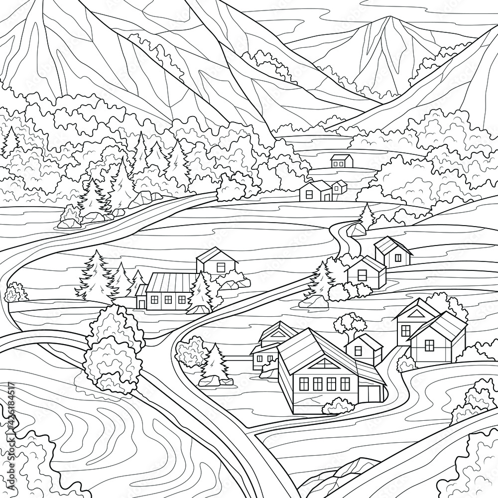 Houses among the mountains. Landscape.Coloring book antistress for children and adults. Illustration isolated on white background.Zen-tangle style. Hand draw