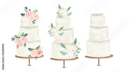 Fotografi Watercolor wedding cake boho floral illustration