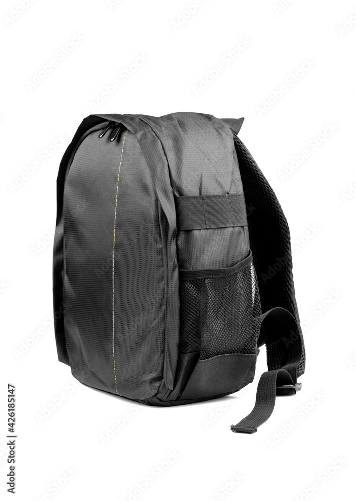 Black camera backpack isolated on white background, side view Black camera backpack isolated on white background, side view