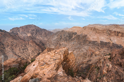 View to rocky landscape from viewpoint near Ad Deir  The Monastery  in Petra  Jordan