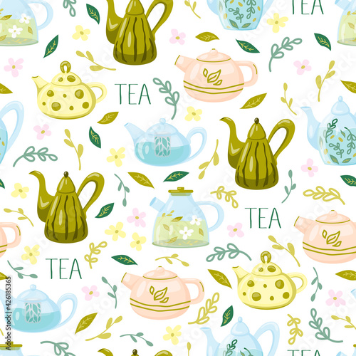 Seamless pattern for kitchen. Glass and ceramic teapots, flowers and herbal plants