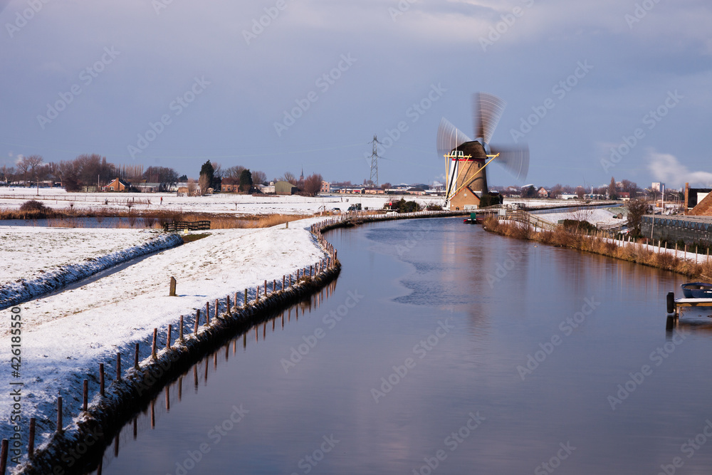 Groeneveldse molen near 't Woudt in de Lier, The Netherlands in winter.