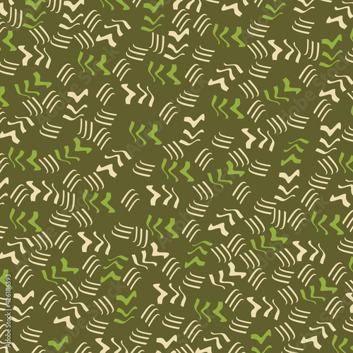 Geometric pattern with chaotic elements. Memphis style. For fabric, page, web. The colors are retro green and yellow.