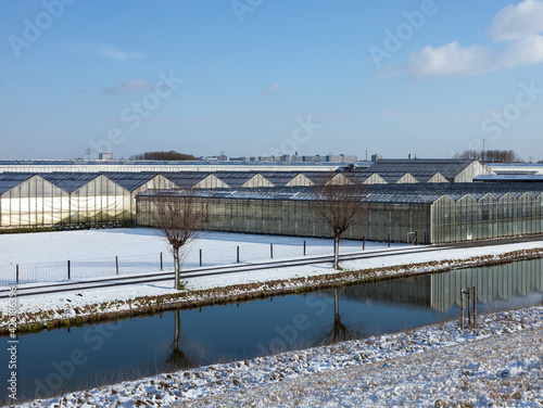 Greenhouses in De Lier close 't Woudt in The Netherlands during winter © Fons
