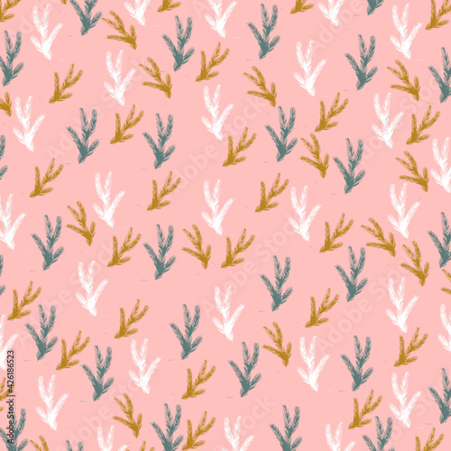 Pattern with hand drawn fir branches. The colors are white, pink, yellow and green. Suitable for fabric textile, web, page.