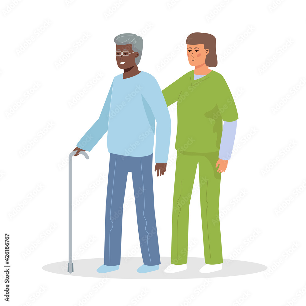 An elderly handicapped man with a cane and a nurse. Retired and assistant. An elderly handicapped man with a cane and a nurse. Retired and assistant.