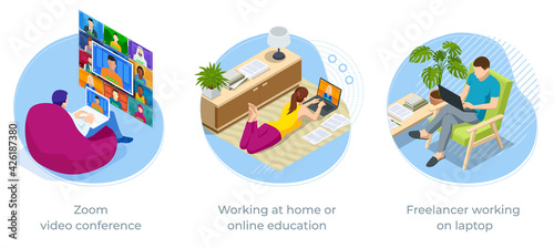 Isometric video conference. Working at home, coworking space. Online meeting work form home. Home office. Working at home or online education, Zoom video conference
