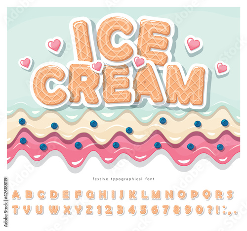 Ice cream wafer font. Cute cartoon alphabet. Paper cut out sweet letters and numbers. For birthday, baby shower, valentine, sweets shop. Vector