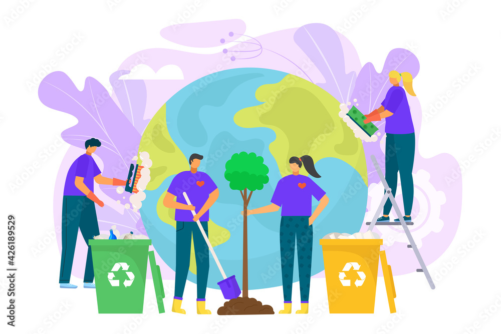 Planet ecology protection, save earth environment concept, vector illustration. Cartoon people character care about global world nature.