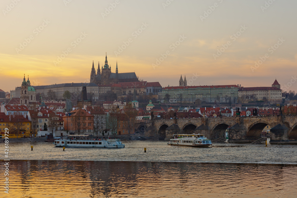 View over Vltava river or Moldau in Prague towards Prague castle and cathedral.