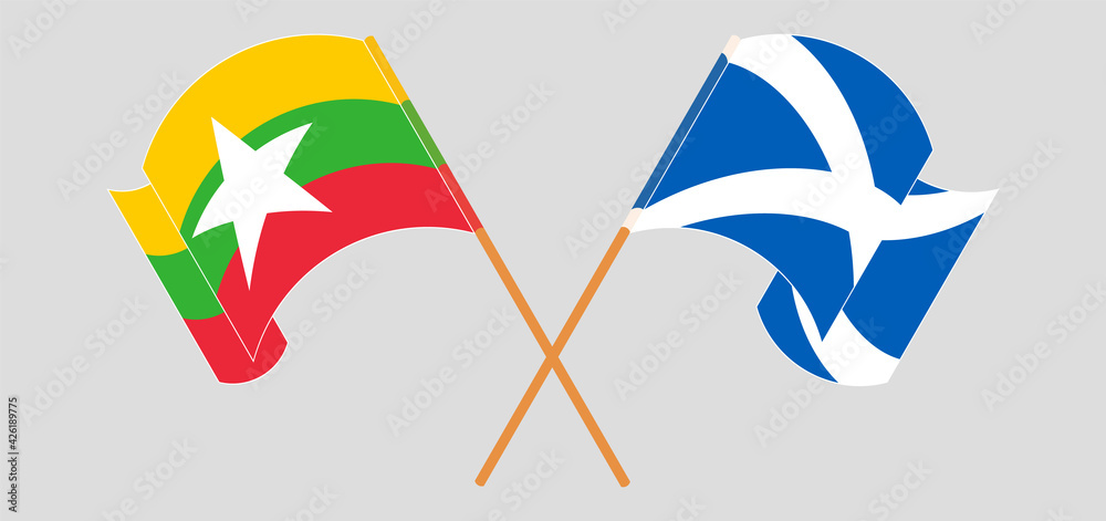 Crossed and waving flags of Myanmar and Scotland Crossed and waving flags of Myanmar and Scotland