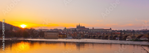 View over Vltava river or Moldau in Prague towards Prague castle and cathedral.