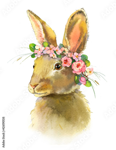 Watercolor cute realistic Rabbit in a pink wreath. Easter card.