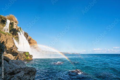 Fototapeta Naklejka Na Ścianę i Meble -  The scenic view of Düden waterfall and rainbow on a sunny day from different sea levels in Antalya