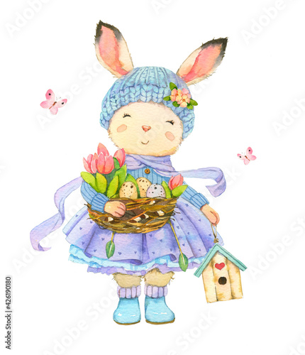 Cute Easter rabbit with eggs and tulips in the nest. Watercolor Easter card.