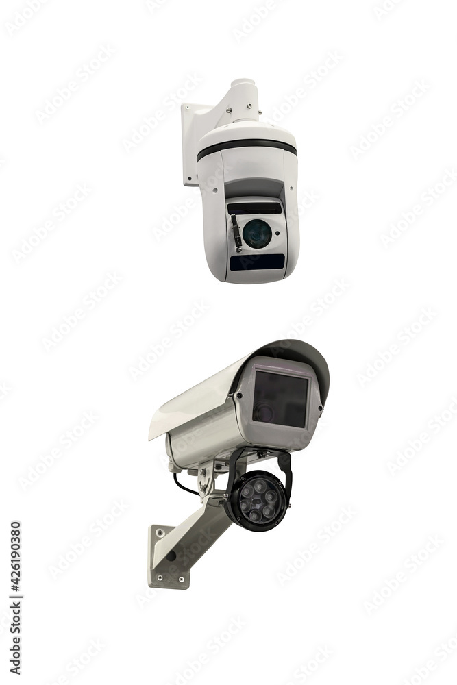 two modern video cameras to track the situation at the object on a white background two modern video cameras to track the situation at the object on a white background