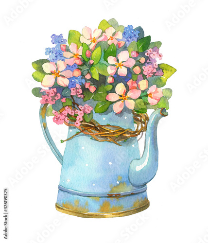 Spring bouquet in a blue jug. Watercolor illustration isolated on white background.