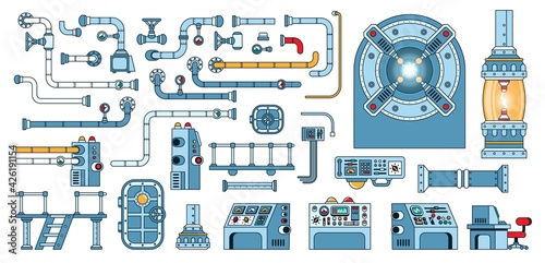 Parts of scientific laboratory equipment. Steampunk elements of laboratory machines and devices. Vector illustration set.