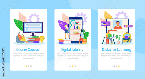 Online education, flat mobile web page set, vector illustration. Learning at course, study with digital library, distance learning technology